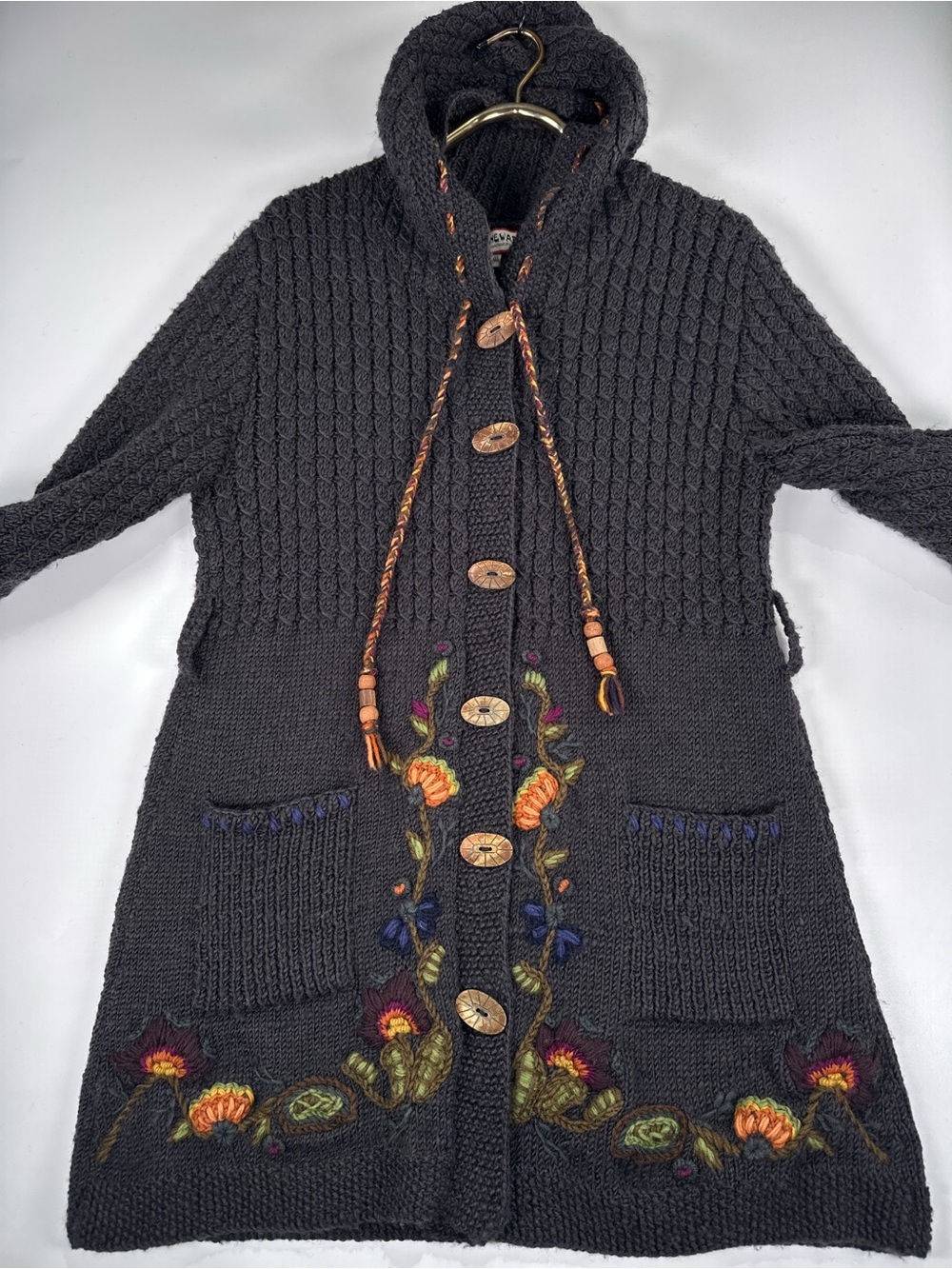 Newari Hooded Long Cardigan Floral Embroidered 100% Wool Charcoal L/XL - Picture 3 of 13